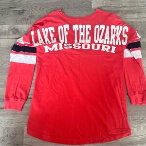 Lake of the OzarksLong-Sleeve Graphic Crewneck with White & Black Sleeve Stripes